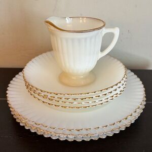 Fire-King Milk Glass Scalloped Gold Rim Creamer and Plates Set Opalescent USA